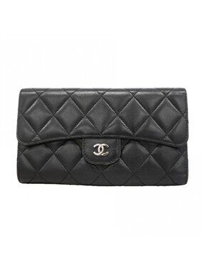 Chanel Trifold Wallet Quilted Lambskin Black Silver